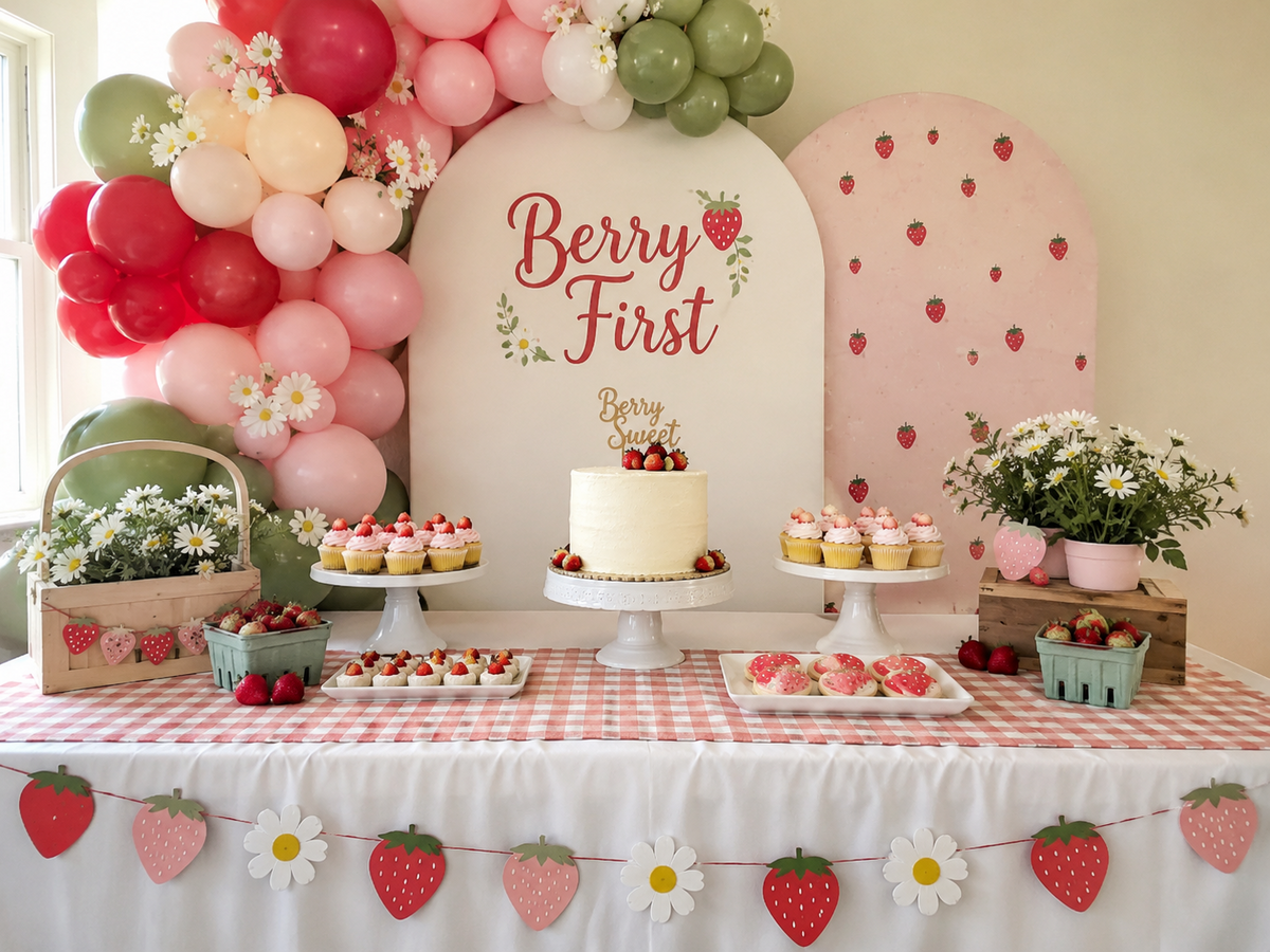 Berry First strawberry birthday party with pink red green and cream balloons, gingham dessert table, daisies, strawberries and simple party decor.