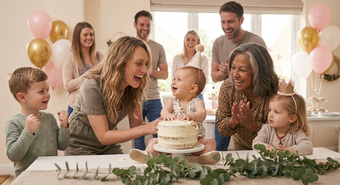 Mom helping her baby enjoy a first birthday cake smash while family celebrates together during a joyful first birthday party at home.