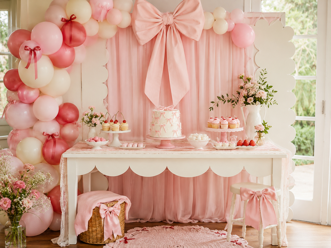 Blush pink and cream bow and coquette party with balloon garland, oversized satin bow, cake, cupcakes, florals and a budget-friendly dessert table.