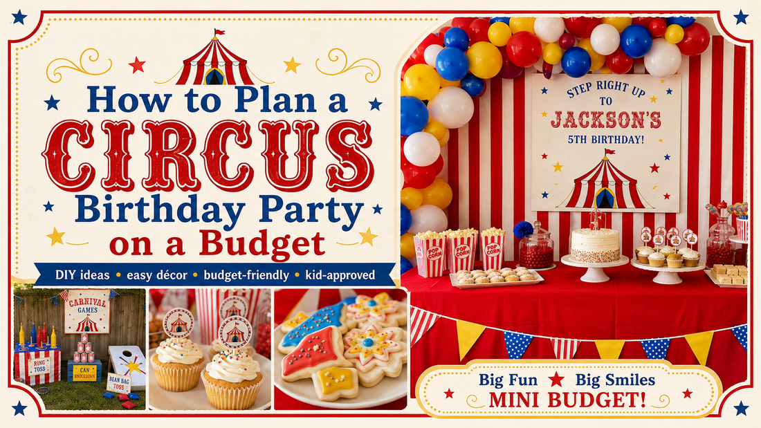 How to plan a circus birthday party on a budget blog cover with circus dessert table balloon garland cupcakes carnival games and kid friendly party ideas