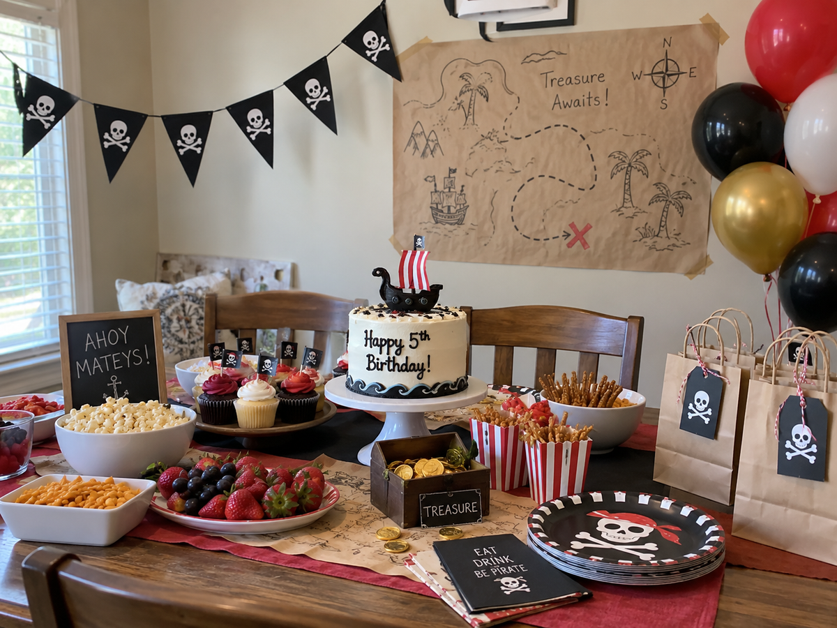 Classic kids pirate birthday table in red black white and gold with simple balloons, cake, cupcakes, treasure map backdrop and paper party supplies.