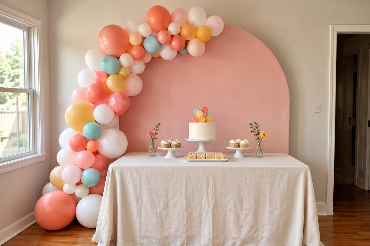 DIY balloon garland and arch backdrop with pastel coral pink yellow blue and white balloons styled behind a six foot birthday dessert table.