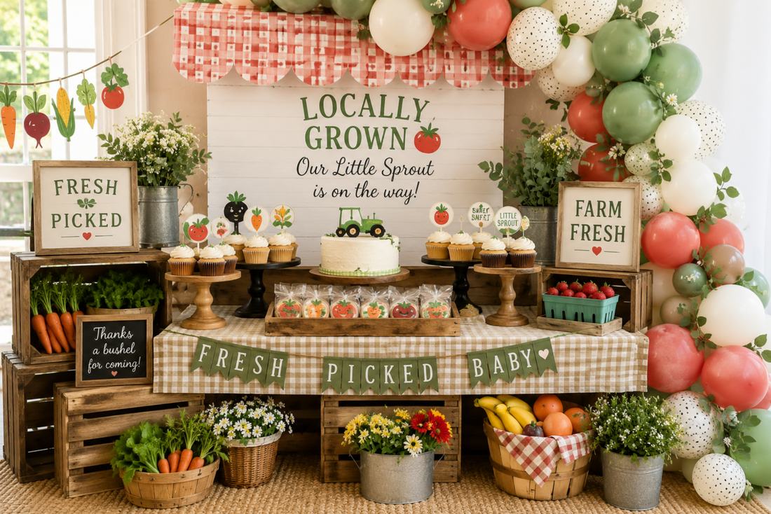 Farm Fresh and Locally Grown party setup with colorful balloons, rustic dessert table, wooden crates, fresh produce and budget friendly party decorations.
