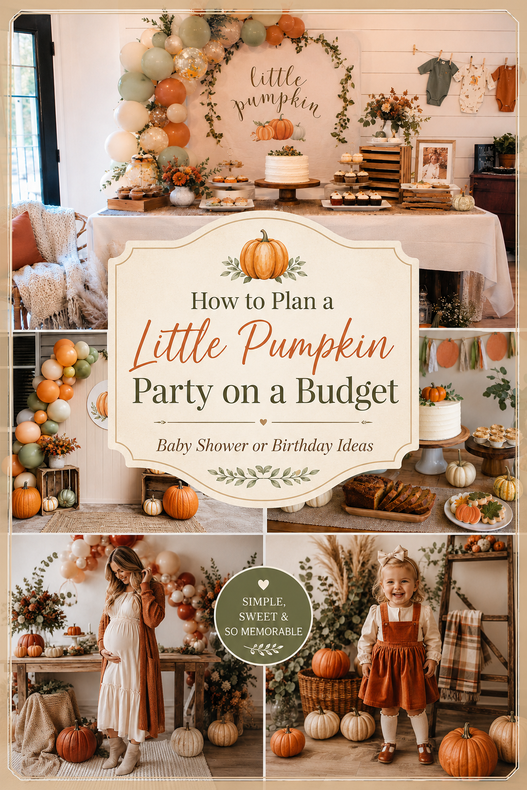 How to plan a Little Pumpkin party on a budget cover with baby shower and birthday ideas including pumpkins balloons dessert table and outfit inspiration