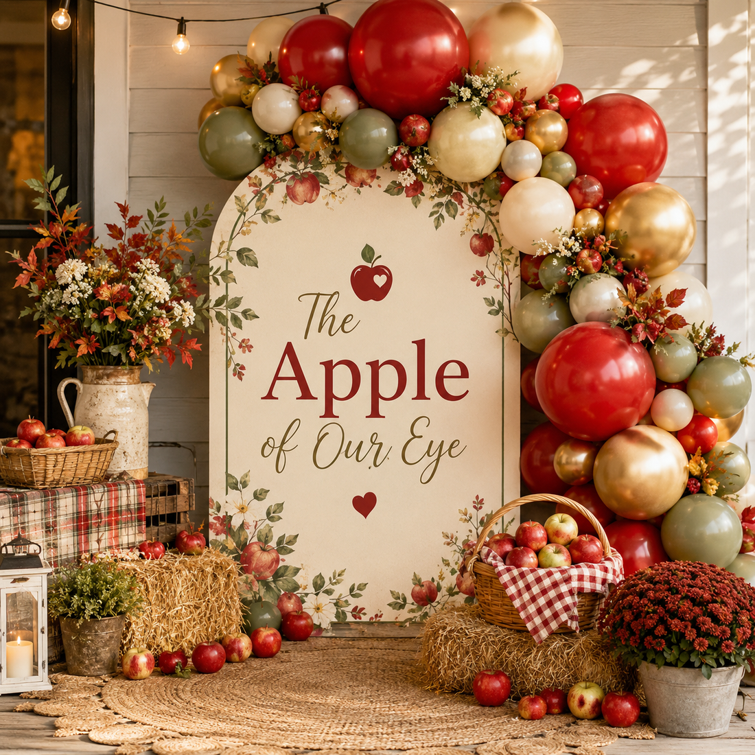 Apple of Our Eye party backdrop with red and cream balloons, apples, baskets, florals and rustic fall birthday or baby shower decor.