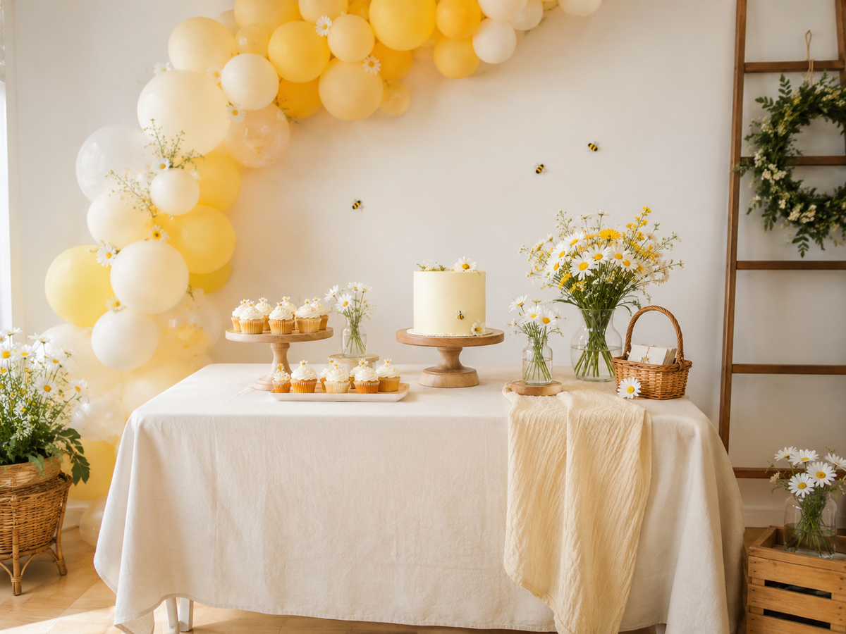 Sweet as Honey baby shower or birthday party with yellow and cream balloons daisies simple cupcakes a cake and affordable wood and wicker decorations
