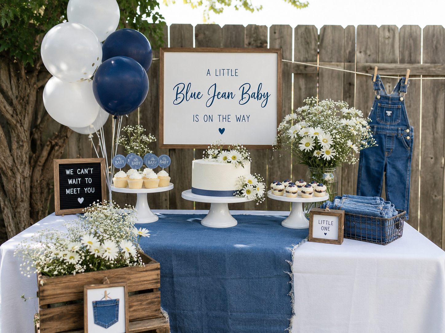 Classic Blue Jean Baby party with denim and white decor, daisies, simple desserts and an achievable backyard baby shower setup.