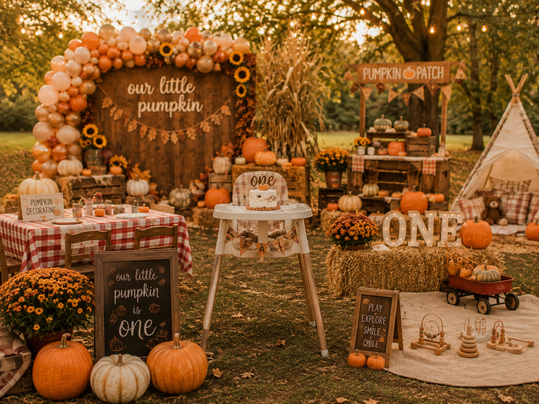 Fall festival first birthday party with pumpkin backdrop, high chair and smash cake, hay bales, pumpkin patch stand, balloons and kids activity areas.