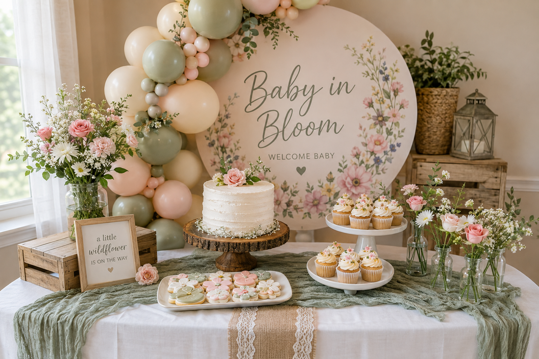 Baby in Bloom floral baby shower dessert table with blush flowers, sage balloons, cake, cupcakes and budget-friendly decorations.