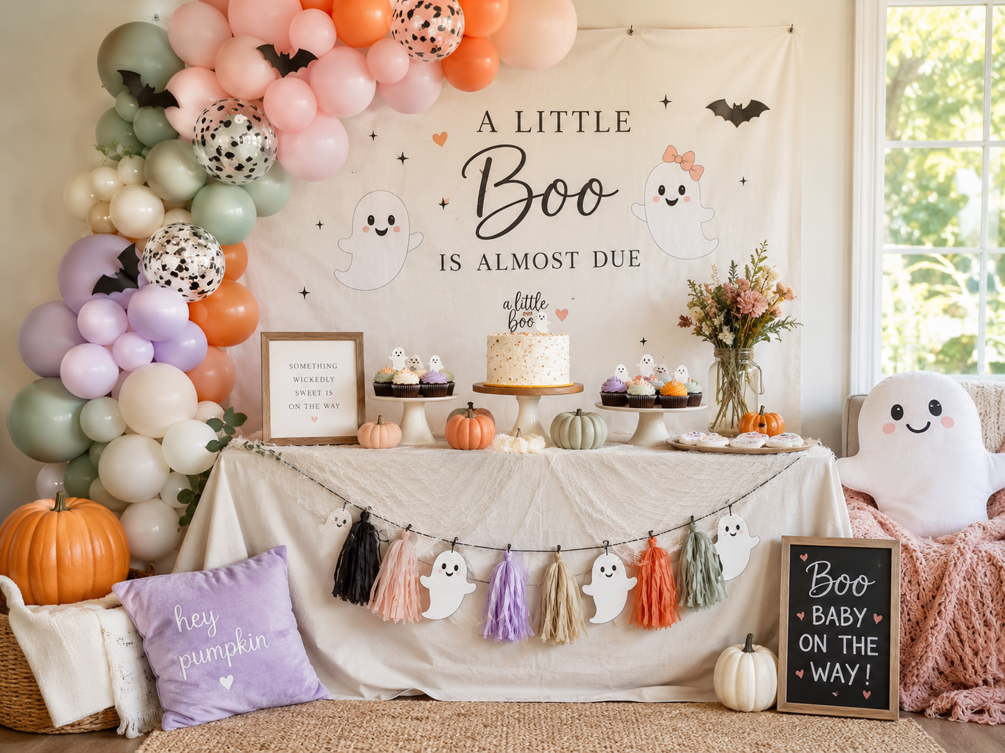 A Little Boo Is Almost Due Halloween baby shower with friendly ghosts, pumpkins, pastel balloons, cake, cupcakes, and a budget-friendly dessert table setup.