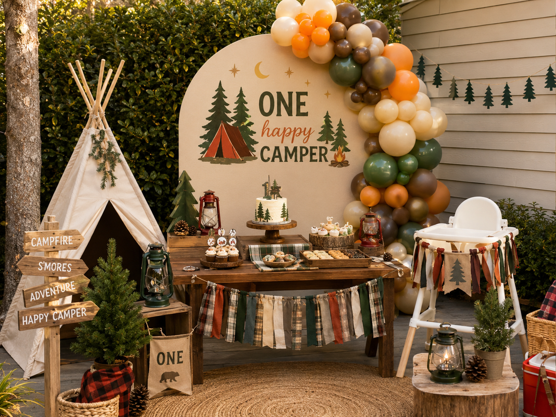 One Happy Camper first birthday party with forest green, orange, cream and brown balloons, camping backdrop, teepee, dessert table, lanterns and decorated high chair in a realistic backyard setting.