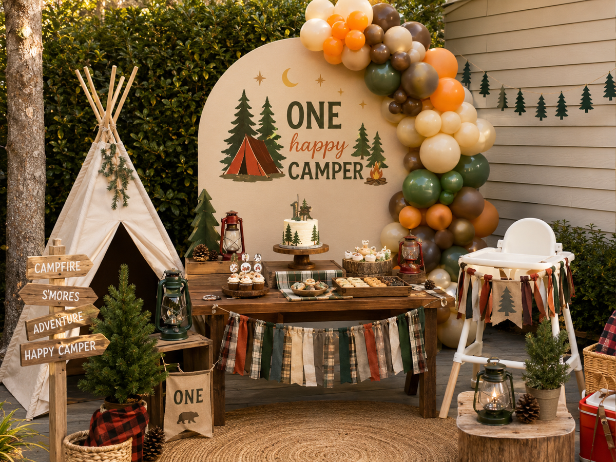 One Happy Camper first birthday party with forest green, orange, cream and brown balloons, camping backdrop, teepee, dessert table, lanterns and decorated high chair in a realistic backyard setting.