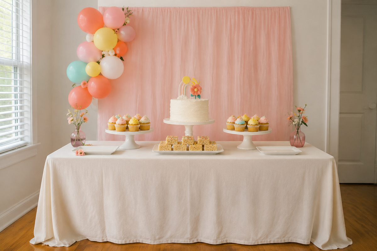 Picture perfect six foot birthday dessert table styled on a budget with a simple cake, cupcakes, balloon garland, backdrop, and affordable treats.