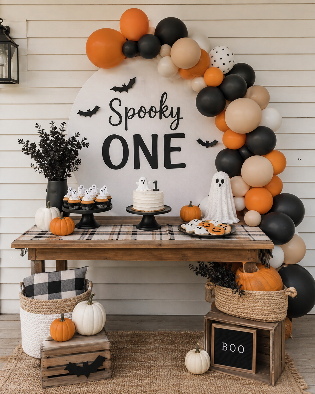 Rustic Spooky One dessert table with orange, black, tan and white balloons, ghost cake and cupcakes, pumpkins, plaid accents and a simple round backdrop.