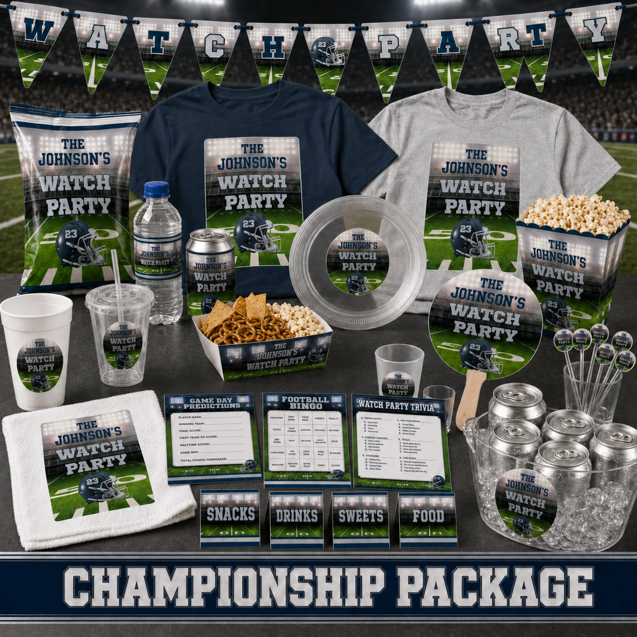 Championship football party package display with two personalized shirts, rally towel, chip bag, snack tray, cups, plate, banner, rally fan, stir sticks, ice bucket and games.