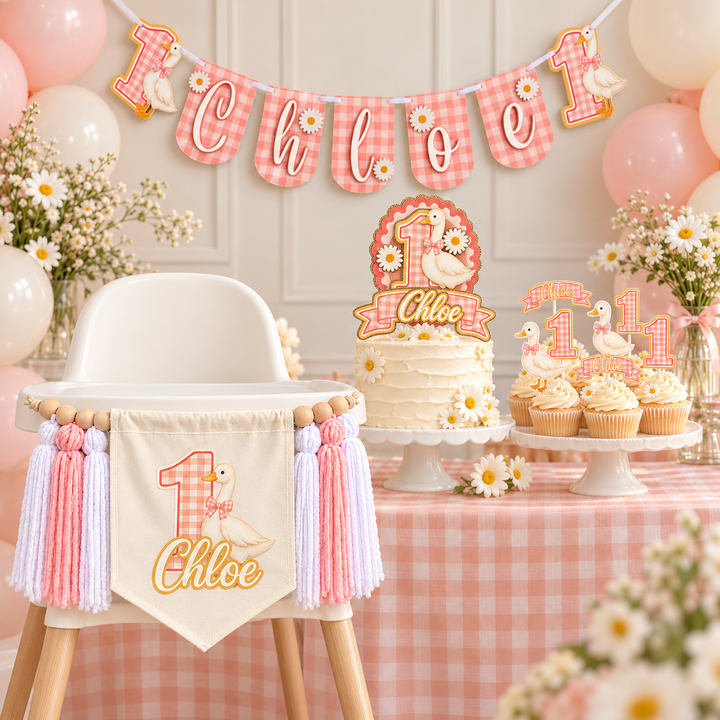 One Silly Goose first birthday party setup featuring a personalized Chloe banner, matching high chair banner, goose birthday cake topper, and coordinating cupcake toppers in pink gingham with daisies and soft gold accents.