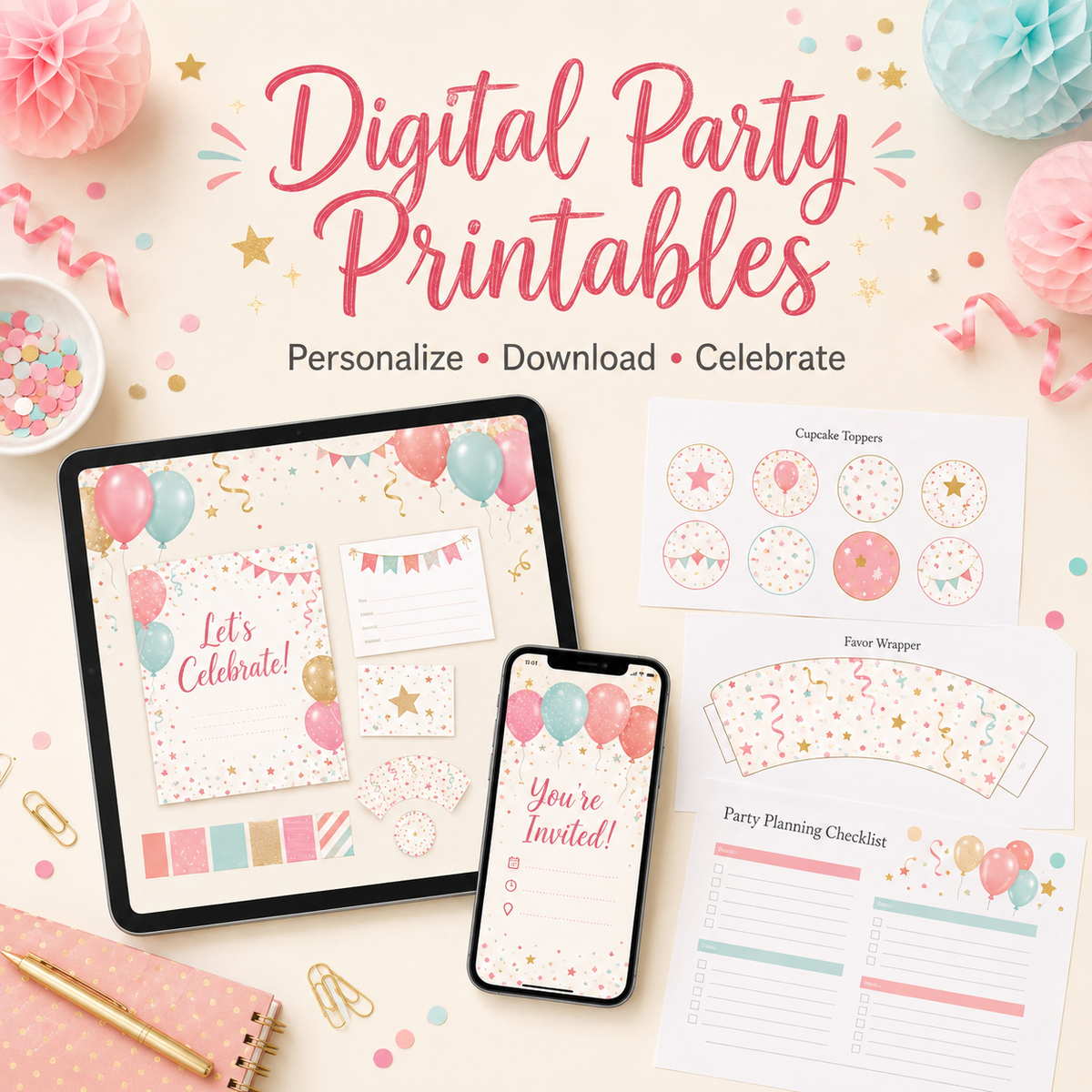 Digital party printables displayed on a tablet and phone with cupcake toppers, favor wrappers and a printable party planning checklist.