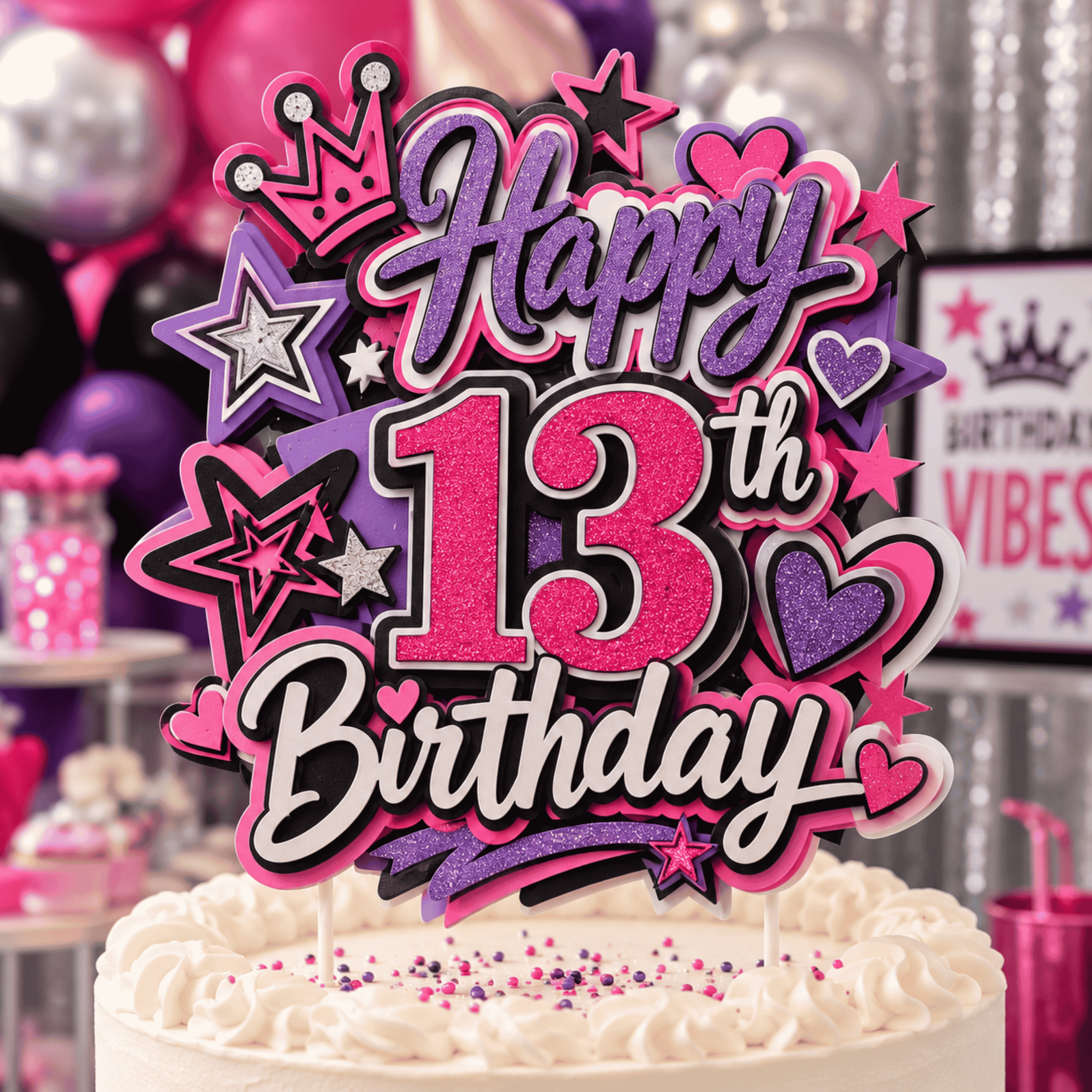 Bold custom thirteenth birthday cake topper featuring pink purple black stars hearts and glitter layered cardstock handmade birthday party decoration for teen girls