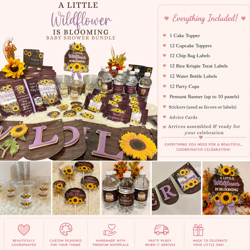 Complete wildflower baby shower bundle featuring sunflower and lavender theme decorations including cake topper cupcake toppers banner chip bags party cups water bottle labels stickers and coordinated party favors on rustic wood grain design for baby shower celebration