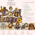 Complete wildflower baby shower bundle featuring sunflower and lavender theme decorations including cake topper cupcake toppers banner chip bags party cups water bottle labels stickers and coordinated party favors on rustic wood grain design for baby shower celebration