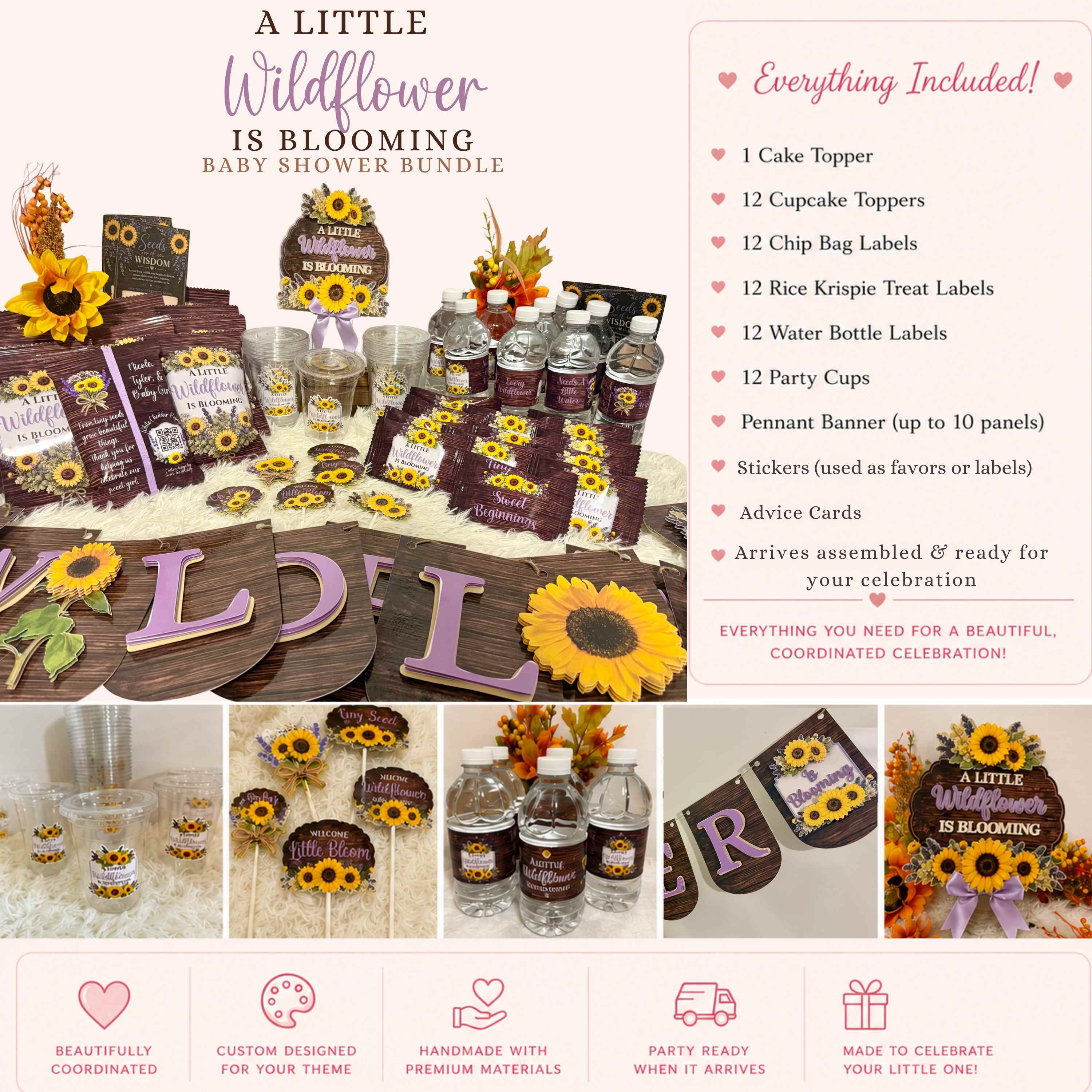 Complete wildflower baby shower bundle featuring sunflower and lavender theme decorations including cake topper cupcake toppers banner chip bags party cups water bottle labels stickers and coordinated party favors on rustic wood grain design for baby shower celebration