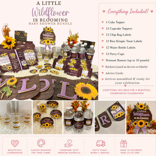 Complete wildflower baby shower bundle featuring sunflower and lavender theme decorations including cake topper cupcake toppers banner chip bags party cups water bottle labels stickers and coordinated party favors on rustic wood grain design for baby shower celebration