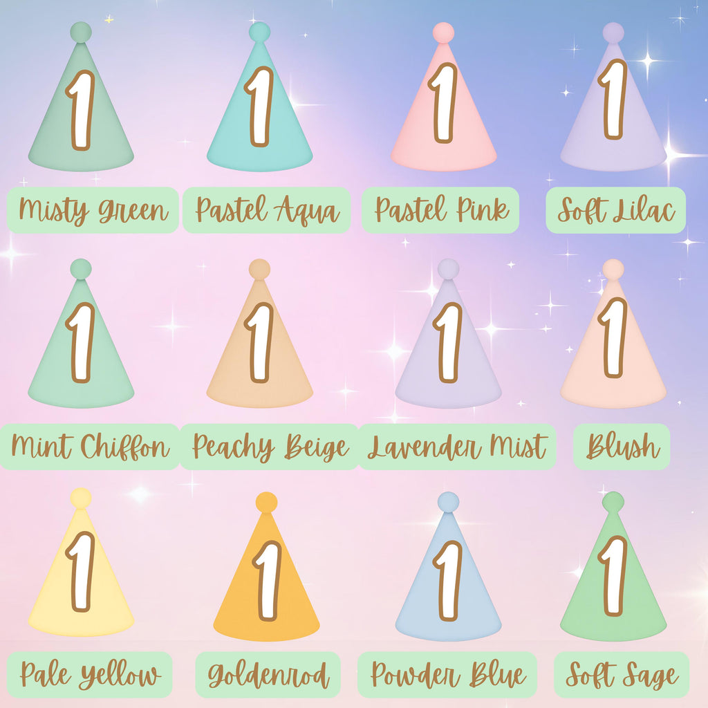 Color swatches with number '1' hats in various pastel colors on a gradient background.