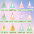 Color swatches with number '1' hats in various pastel colors on a gradient background.