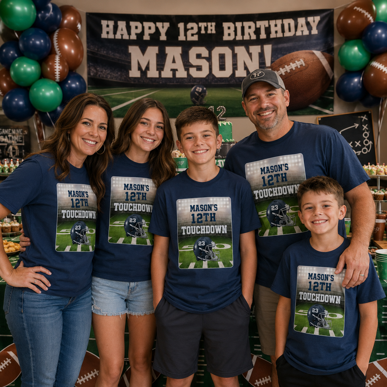Five people posing together at a 12th birthday football-themed party, all wearing matching navy blue t-shirts with a custom 'MASON'S 12TH TOUCHDOWN' graphic on the front.