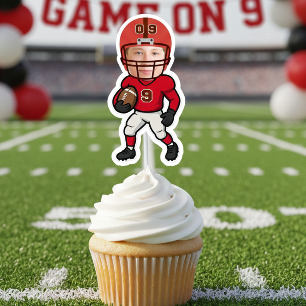 A custom number 9 football cupcake topper with a child’s photo stands on a vanilla cupcake set on a realistic football field background. This sports birthday party decoration is ideal for a youth football celebration, team-inspired event, or game day themed dessert table. Perfect for boys turning nine who want a stadium-style birthday setup.