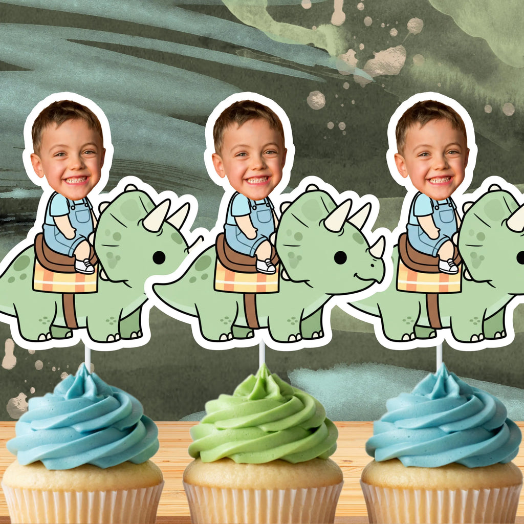 Three identical cupcake toppers with a boy riding a dinosaur against a green and brown background.