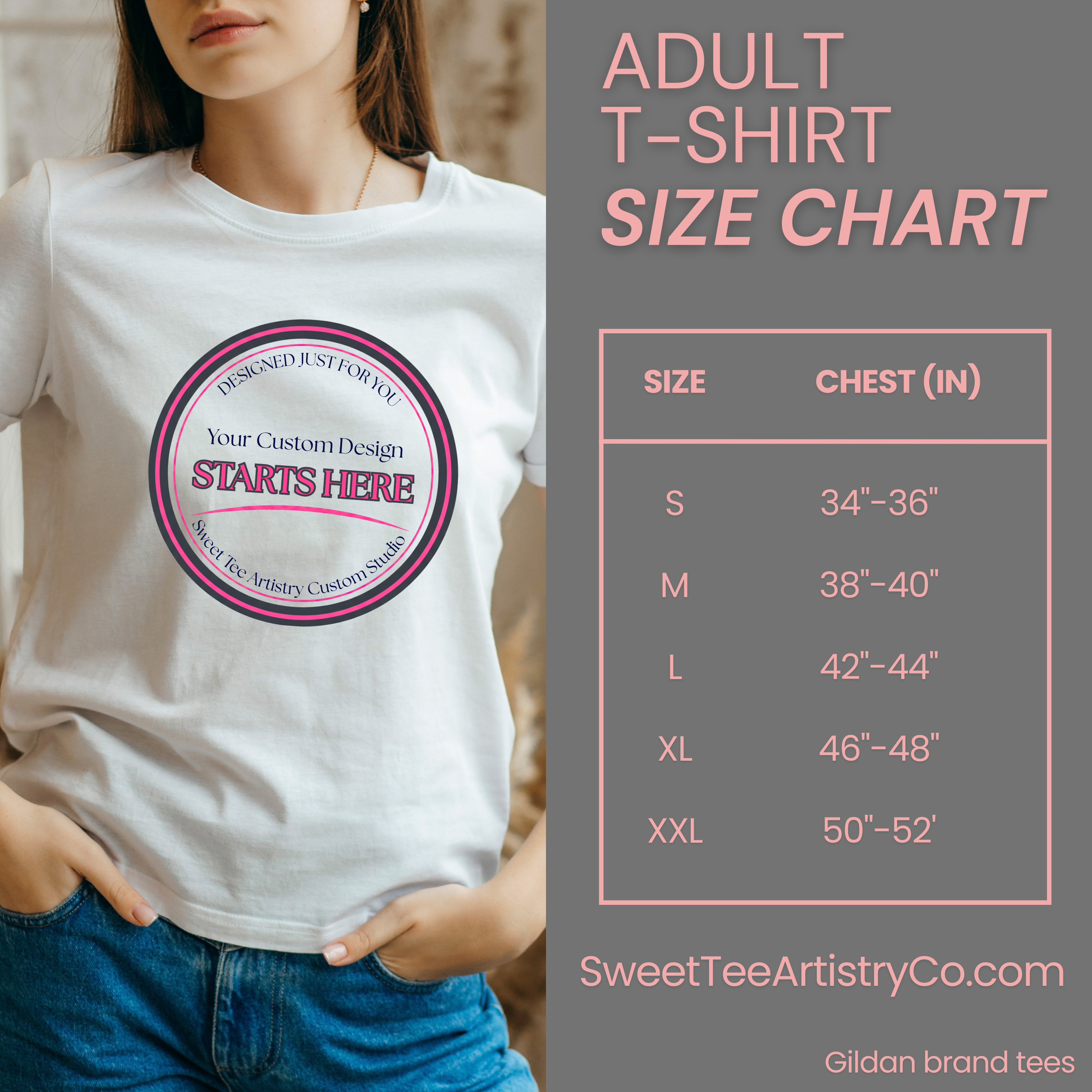 This adult Gildan 5000 size chart provides chest measurements in inches to help customers select the correct fit for custom event shirts and personalized party apparel. Designed for unisex sizing, this guide supports accurate ordering for birthday shirts, reunion shirts, business merch, and custom everyday designs. Reviewing measurements before checkout helps ensure your custom t-shirt fits comfortably and professionally.