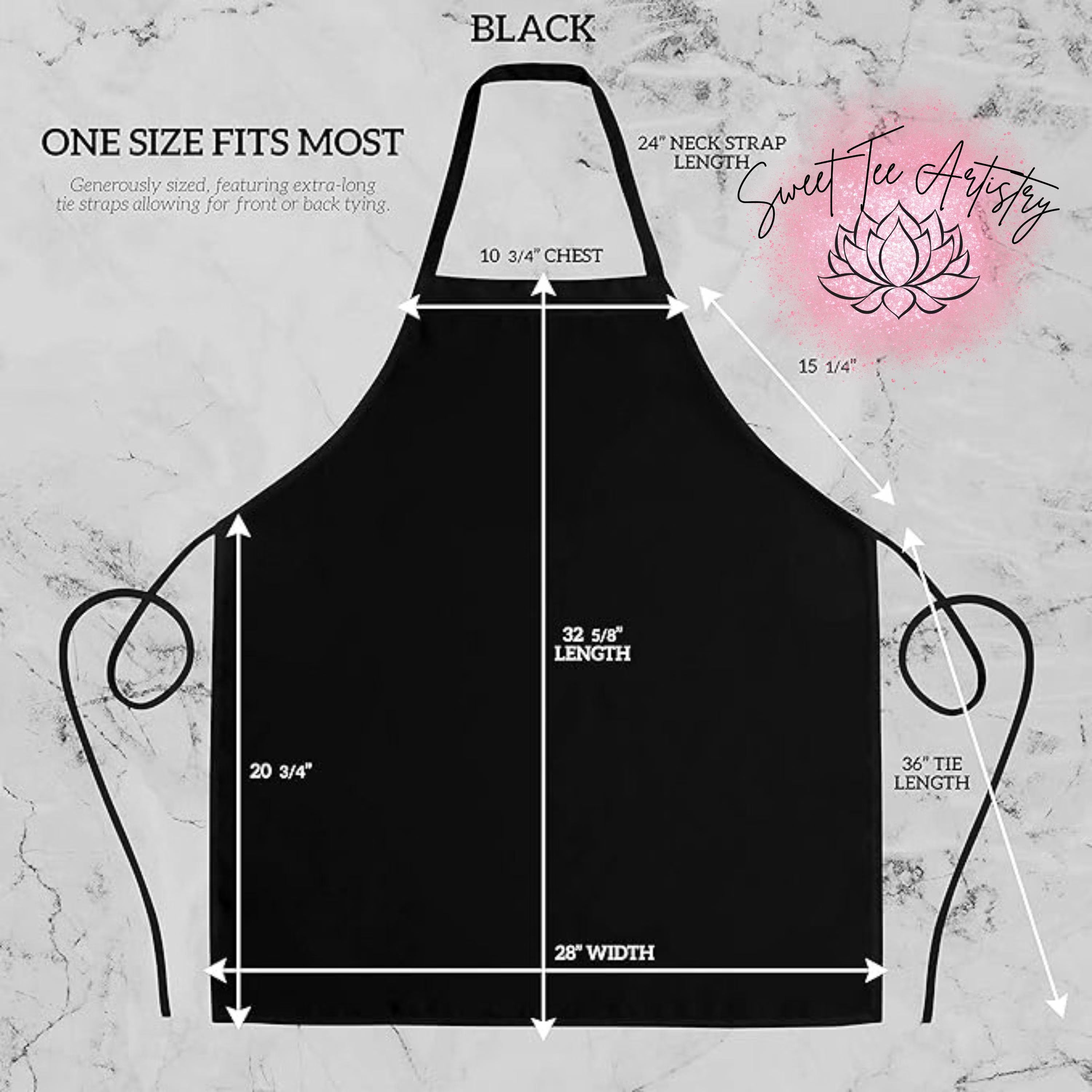Black apron with measurements on a gray marble background, featuring the brand 'Sweet Tee Artistry'.
