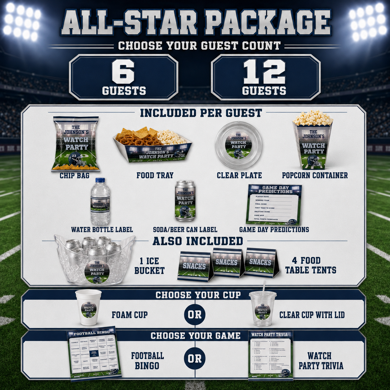 All Star football party package for 6 or 12 guests showing personalized favors, popcorn containers, both drink labels, cup choice, ice bucket, table tents and football games.
