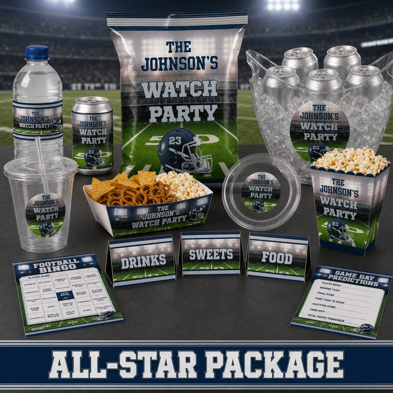 Personalized All Star football party package display with chip bag, food tray, popcorn container, clear plate, cups, drink labels, ice bucket, table tents and game cards.