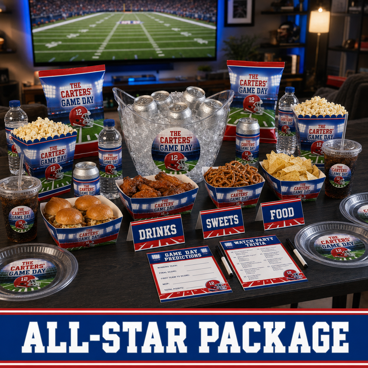 Red and blue personalized football watch party table with chip bags, snack trays, popcorn containers, cups, drink labels, clear plates and a six can ice bucket.