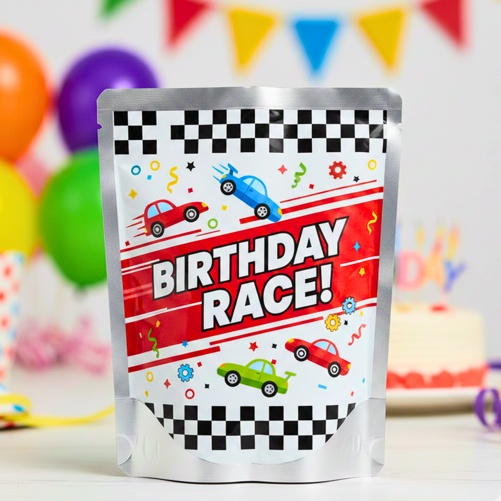 Packaging with 'Birthday Race!' text and car graphics against a colorful birthday-themed background.