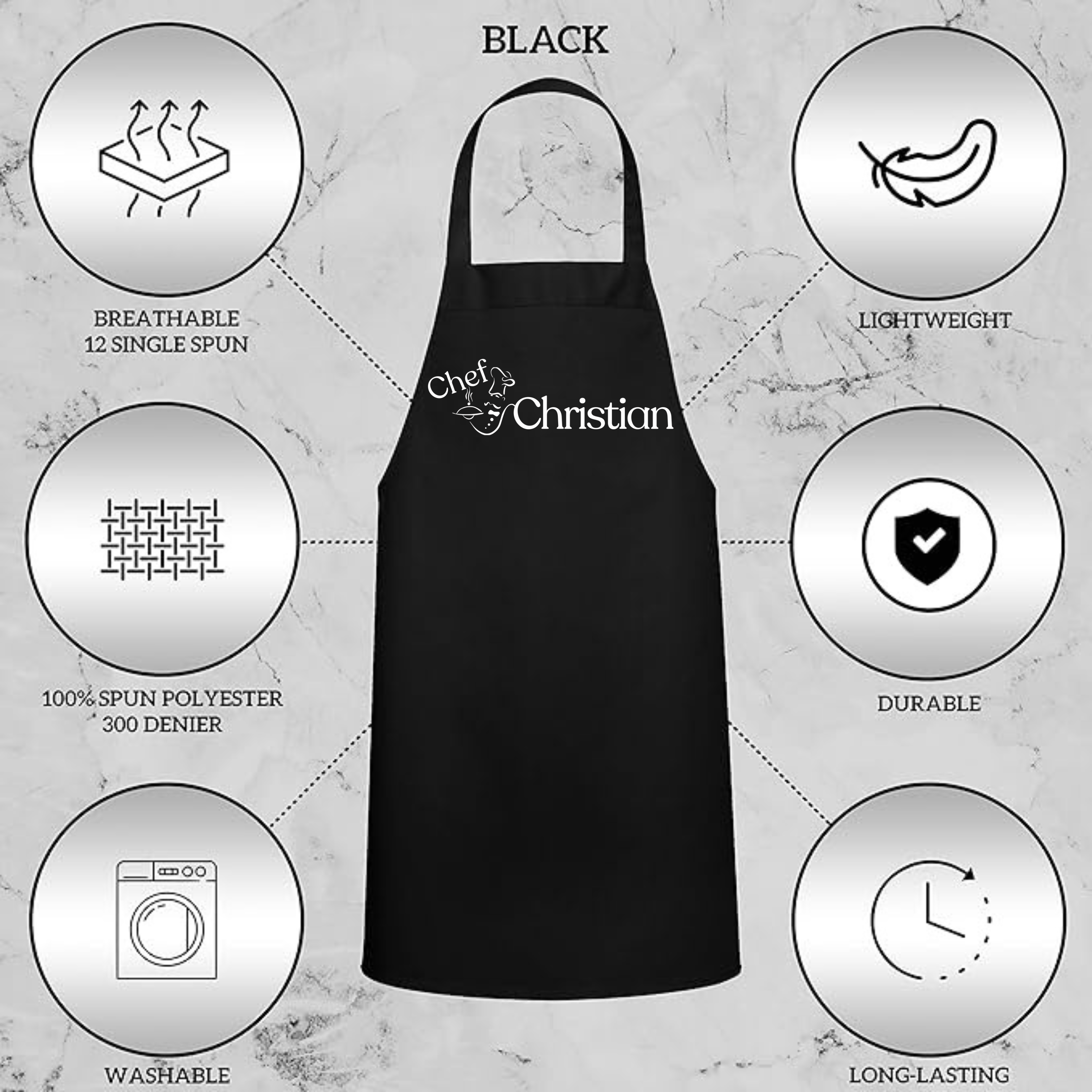 Black apron with features listed on a gray marble background