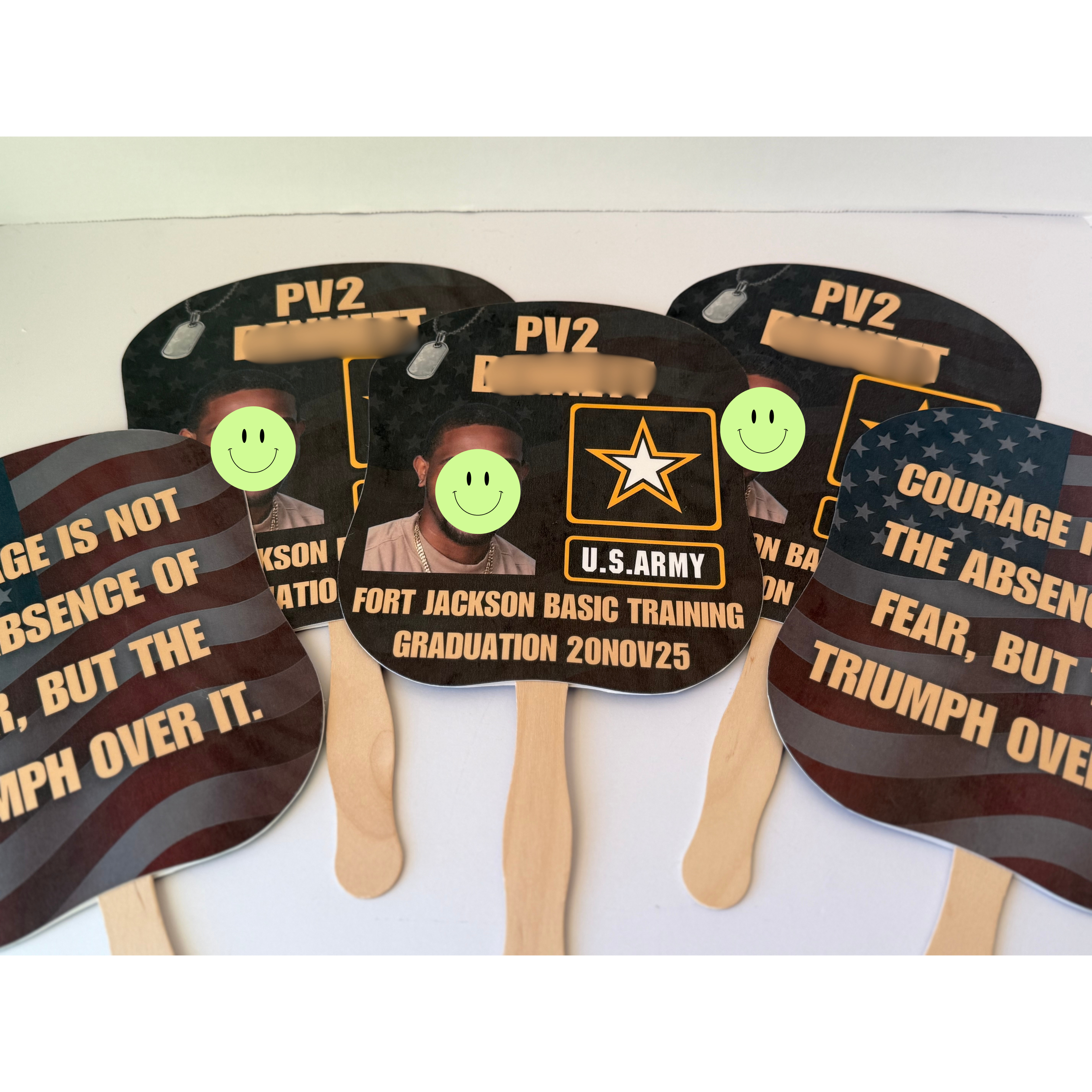 Personalized Army basic training graduation fans created for Fort Jackson graduation ceremony with custom recruit photos and patriotic military design. Set of personalized U.S. Army graduation fans with text and logo on a white background