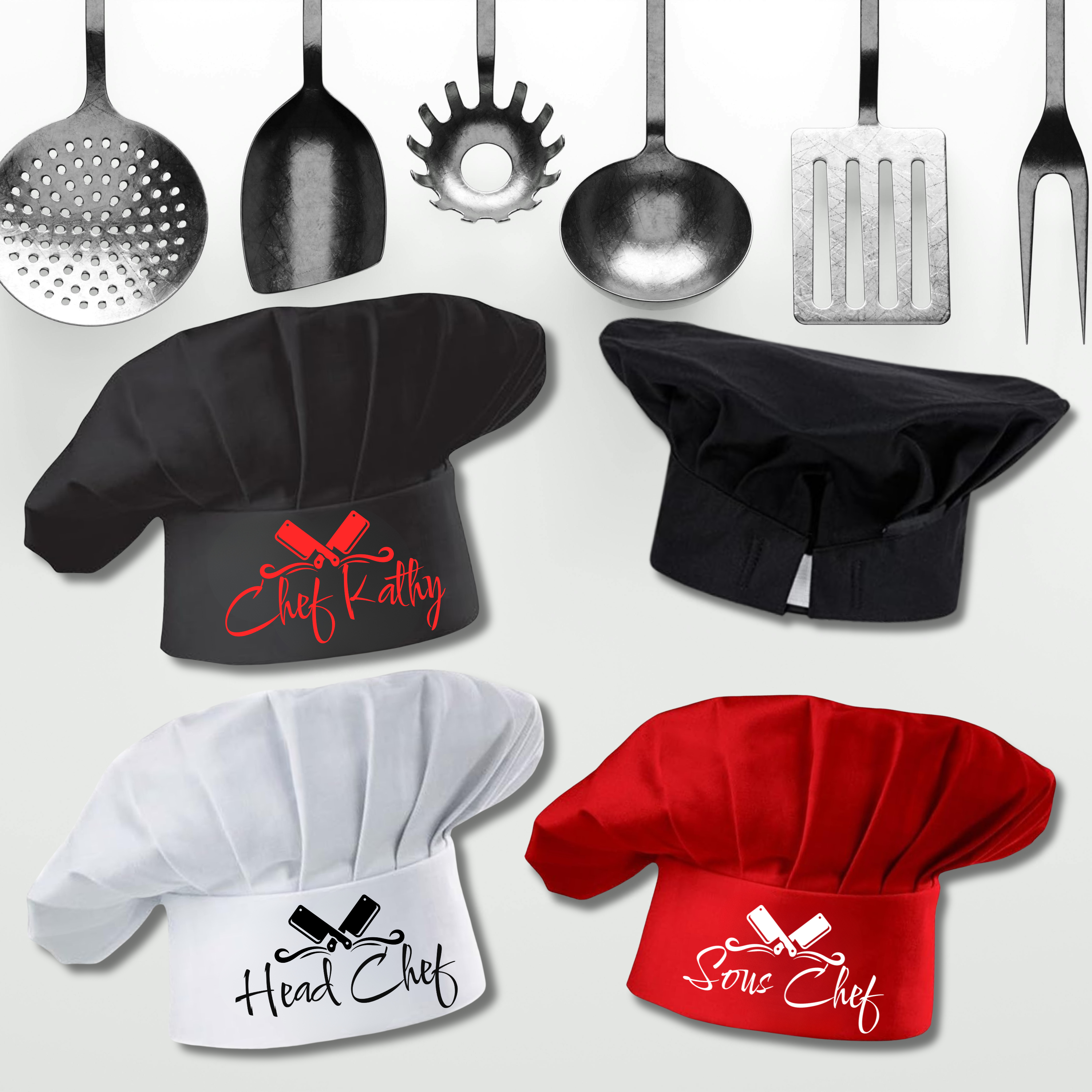 Set of chef hats in black, white, and red with various kitchen utensils on a light gray background.