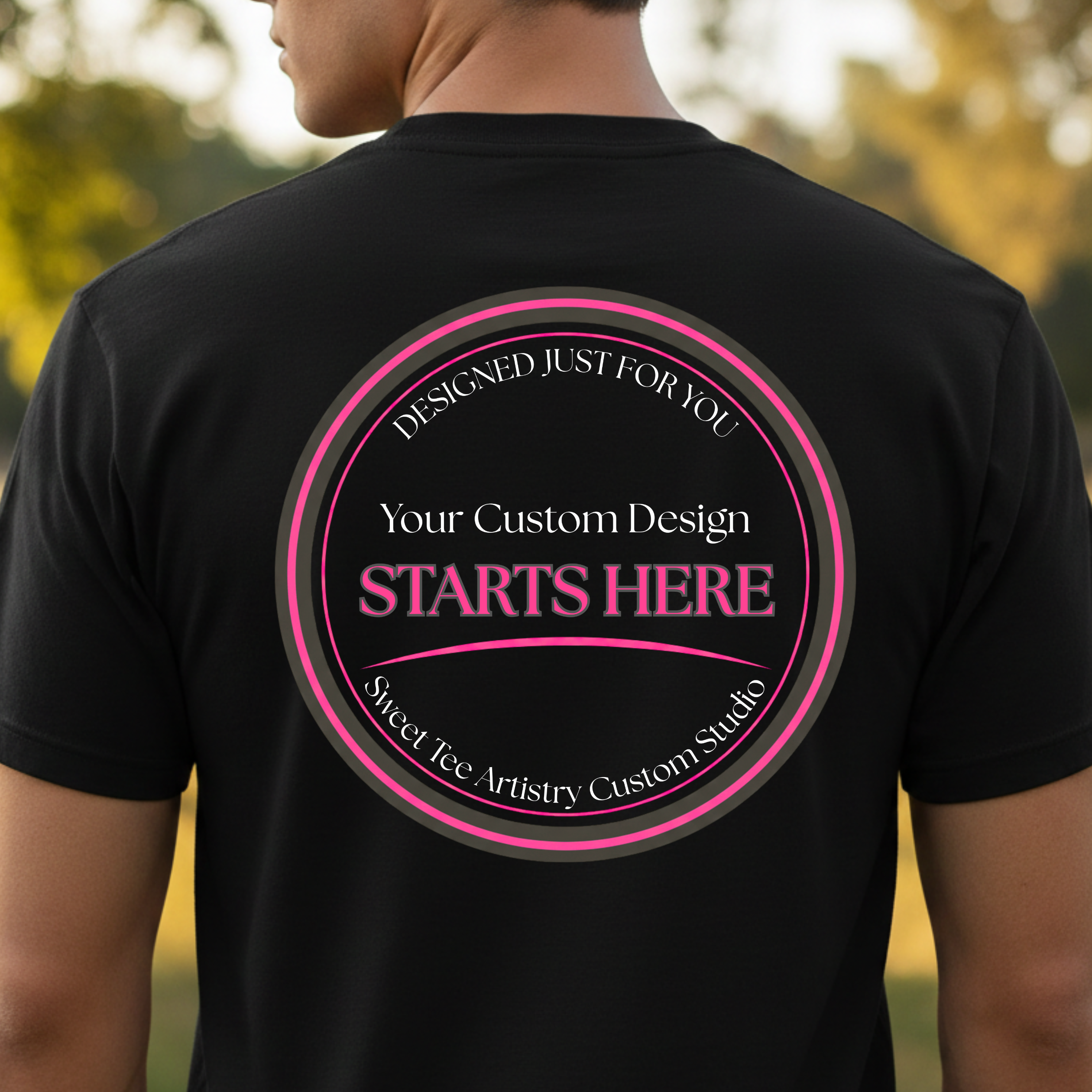 This lifestyle mockup showcases a full back custom shirt design printed on a black unisex t-shirt, demonstrating large graphic placement for event apparel and personalized celebration shirts. Perfect for birthday crews, business merch, sports teams, or coordinated party outfits, back print designs create bold visual impact for photos and group events.