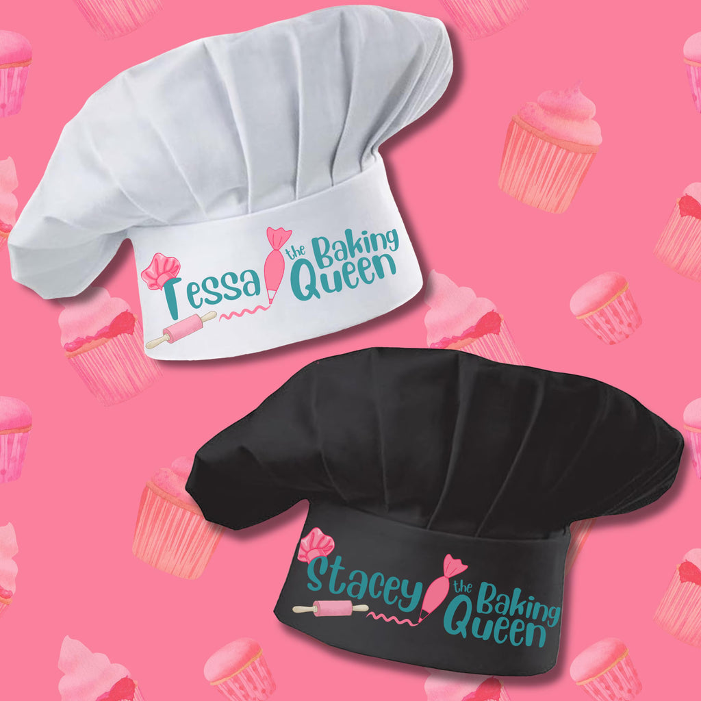 Two chef hats, one white and one black, with 'Tessa the Baking Queen' text on a pink background with cupcake pattern.