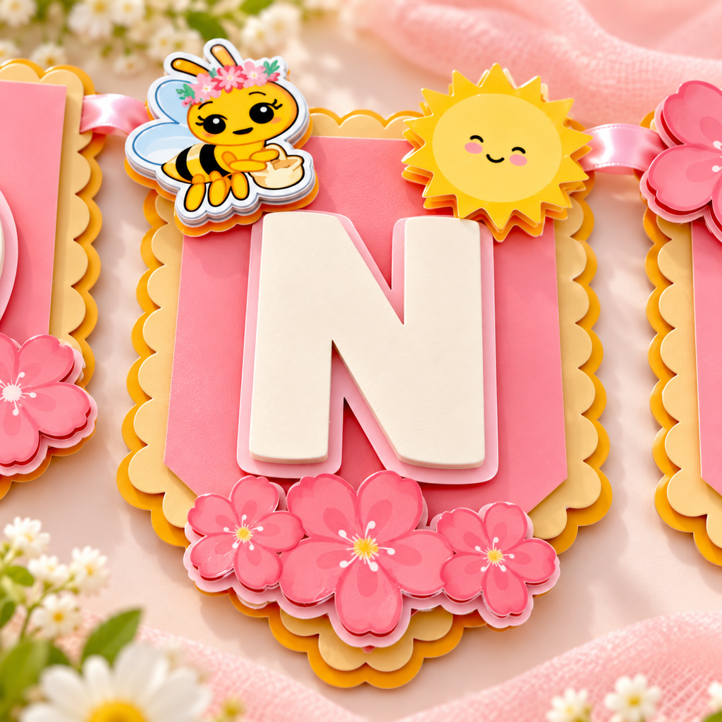 Close up of the center N panel from a Sweet One bee high chair banner with layered flowers, bee, sunshine, and dimensional cardstock details.
