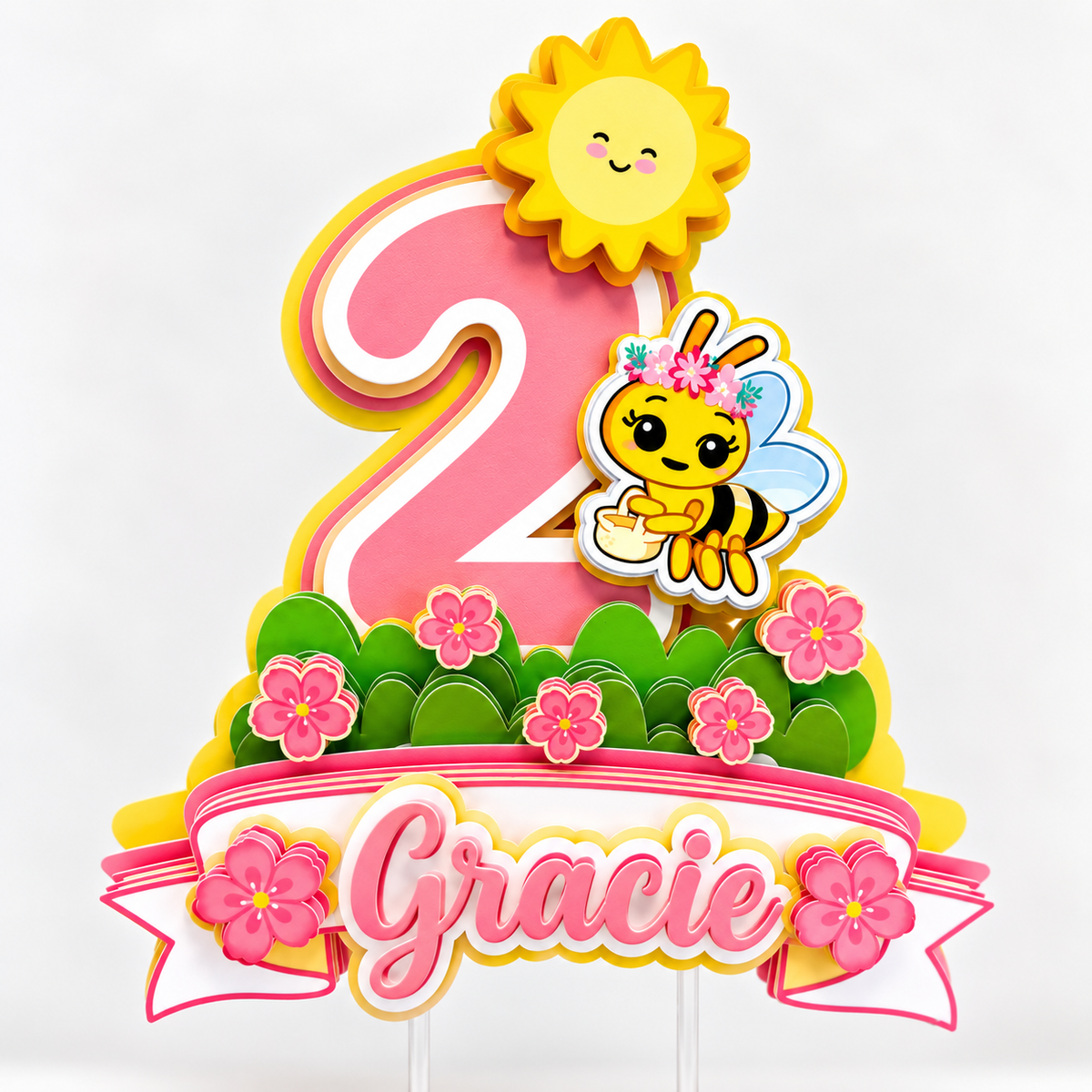 Personalized bee birthday cake topper customized with Gracie name and pink age two for honey bee garden and second birthday themes