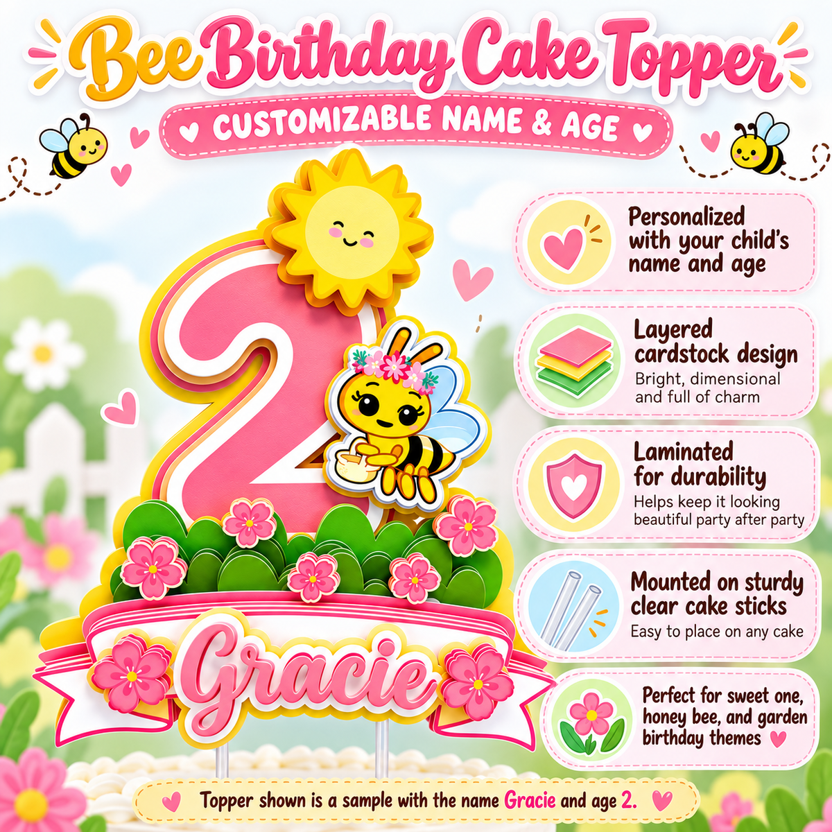 Bee birthday cake topper product details showing customizable name and age layered cardstock laminated finish and clear cake sticks