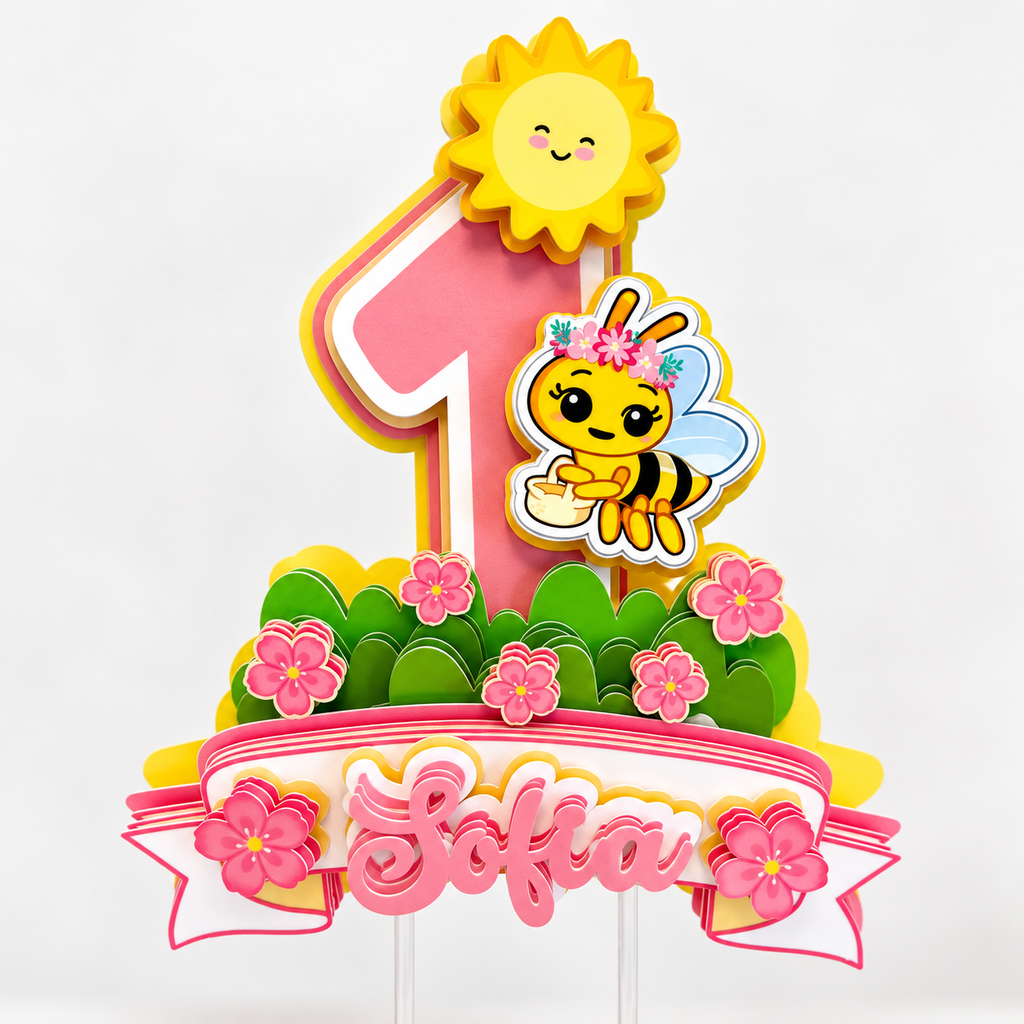 Personalized bee birthday cake topper with pink age one, Sofia name, smiling sun, flowers and layered honey bee design