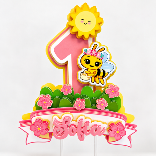 Personalized bee birthday cake topper with pink age one, Sofia name, smiling sun, flowers and layered honey bee design