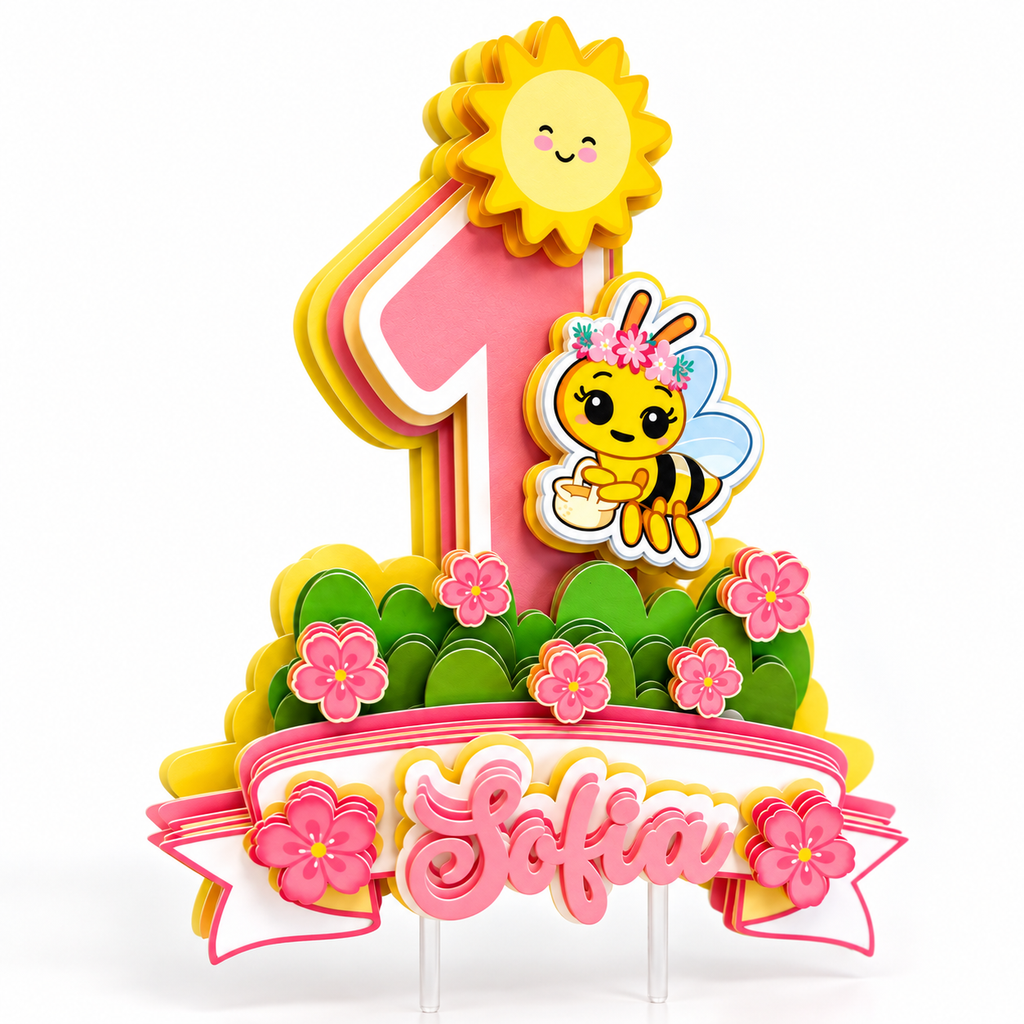 Side angle of layered cardstock bee birthday cake topper showing dimensional pink number, flowers, sun and personalized Sofia name