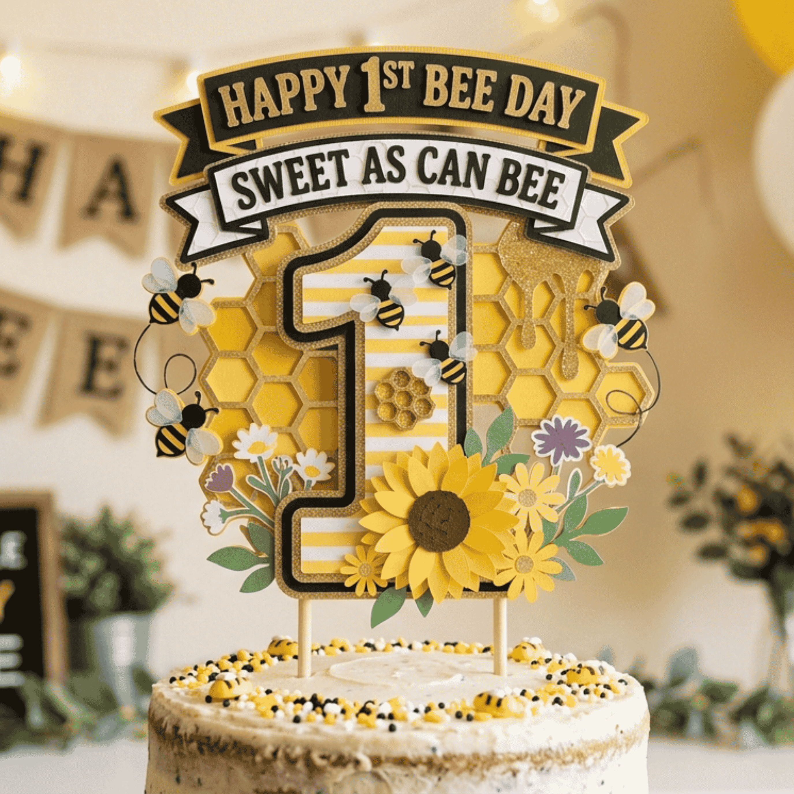 Bee themed first birthday cake topper featuring honeycomb bees sunflowers gold glitter cardstock and sweet as can bee design handmade birthday decoration