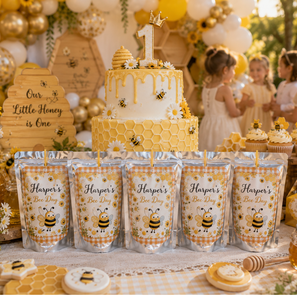 Personalized bee themed first birthday juice pouch labels featuring honeycomb details daisies bumblebees and custom Bee Day birthday party favors.